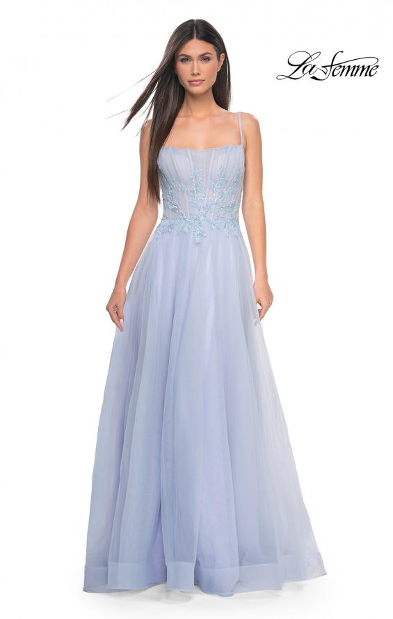 Picture of: Tulle A-line Dress with Beaded Lace Waist and Square Neckline in Light Periwinkle, Style: 32293, Detail Picture 1