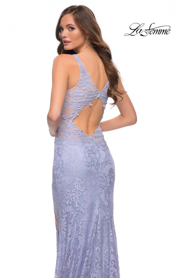 Picture of: Fitted Stretch Lace Gown with Deep V and Beading in Light Periwinkle, Style 29977, Detail Picture 2