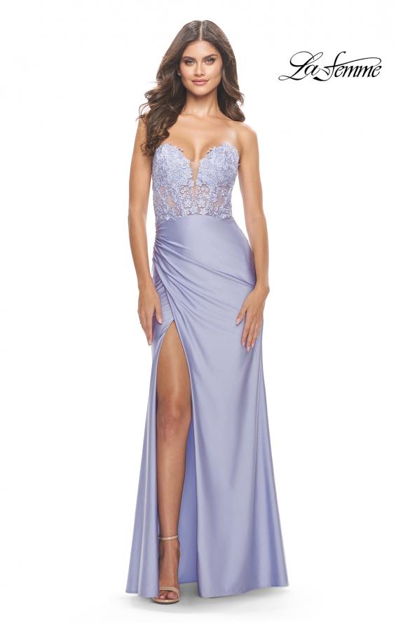 Picture of: Long Dress with Jersey Skirt and Lace Illusion Bodice in Neon in Light Periwinkle, Style: 31411, Detail Picture 2