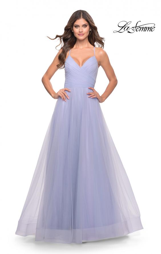 Picture of: Long Tulle A-line Gown with Side Slit and Pockets in Light Periwinkle, Style: 31501, Detail Picture 2