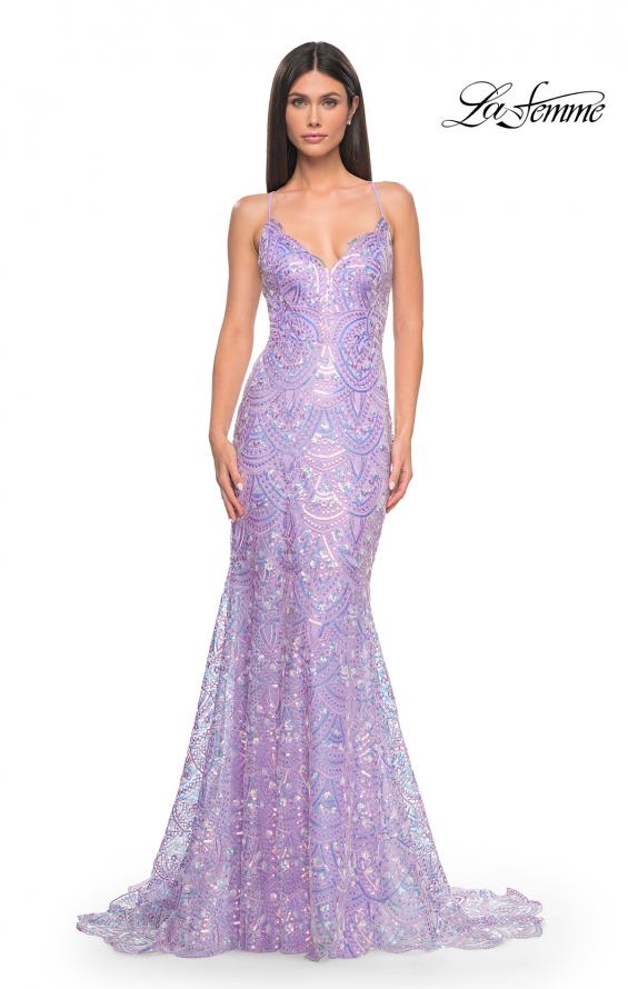 Picture of: Print Sequin Mermaid Dress with Lace Up Back in Light Periwinkle, Style: 31865, Detail Picture 2