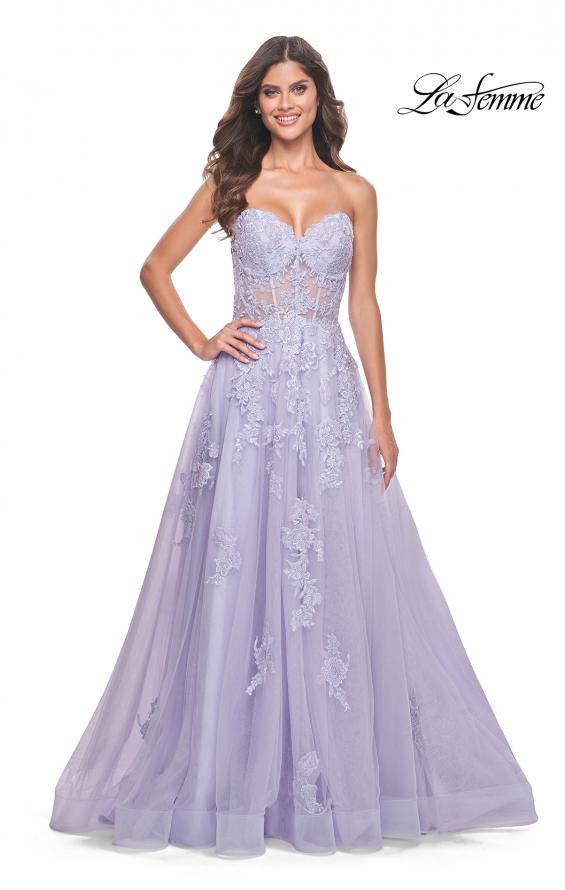 Picture of: Sweetheart Strapless Tulle A-Line Prom Dress with Lace Details in Light Periwinkle, Style: 32145, Detail Picture 2