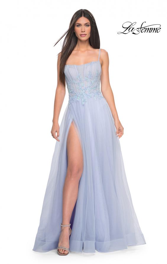 Picture of: Tulle A-line Dress with Beaded Lace Waist and Square Neckline in Light Periwinkle, Style: 32293, Detail Picture 2