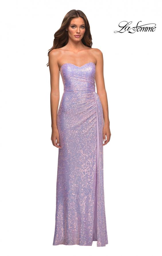 Picture of: Strapless Sequin Gown with Draped Slit in Light Periwinkle, Detail Picture 3