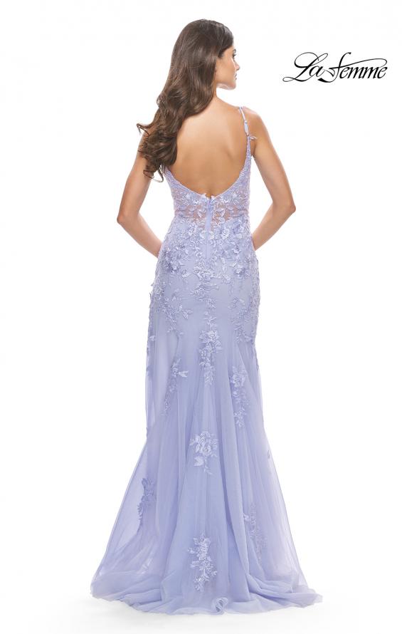 Picture of: Lace Long Dress with High Side Slit and V Neckline in Light Periwinkle, Style: 31125, Detail Picture 3