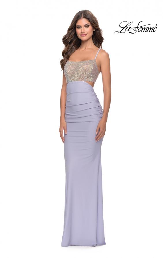 Picture of: Long Jersey Prom Dress with Rhinestone Sheer Bodice in Light Periwinkle, Style: 31338, Detail Picture 3