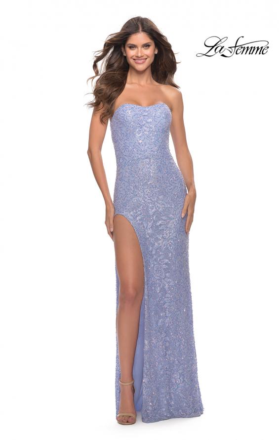 Picture of: Beaded Lace Strapless Dress with High Side Slit in Light Periwinkle, Style: 31351, Detail Picture 3