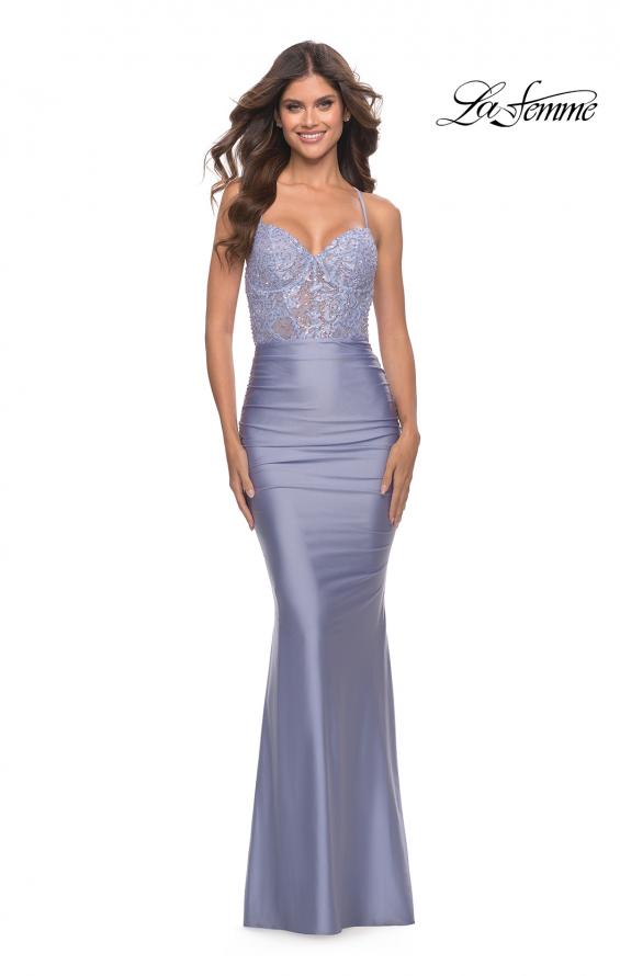 Picture of: Beaded Lace Bodice with Sheer Waist Long Jersey Gown in Bright Colors in Light Periwinkle, Style: 31437, Detail Picture 3