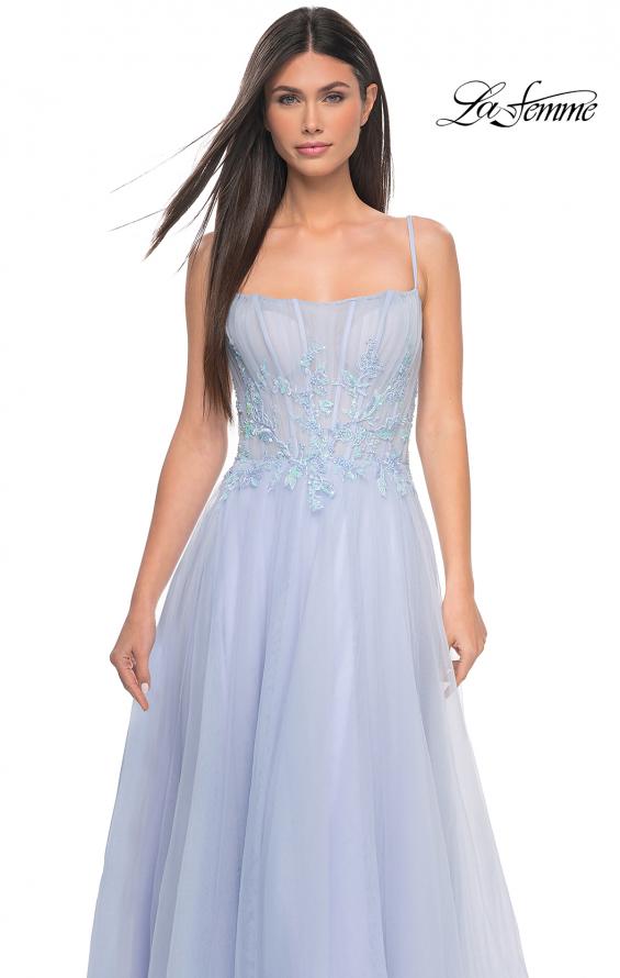 Picture of: Tulle A-line Dress with Beaded Lace Waist and Square Neckline in Light Periwinkle, Style: 32293, Detail Picture 3