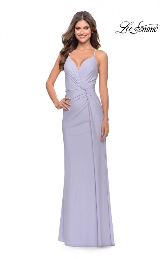 Picture of: Soft Jersey Dress with Knot Waist and Lace Up Back in Light Periwinkle, Style: 31169, Detail Picture 4