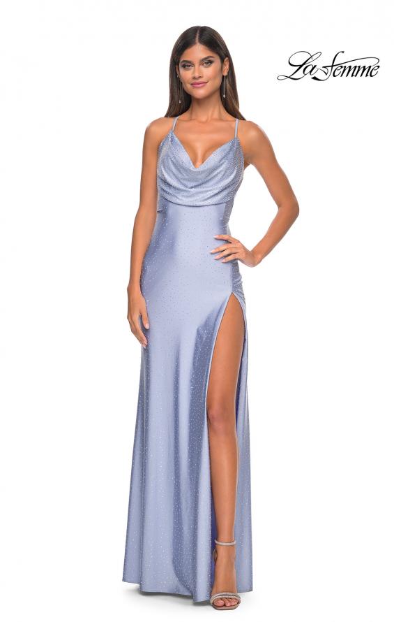 Picture of: Drape Neckline Jeweled Jersey Prom Dress with High Slit in Light Periwinkle, Style: 31221, Detail Picture 4