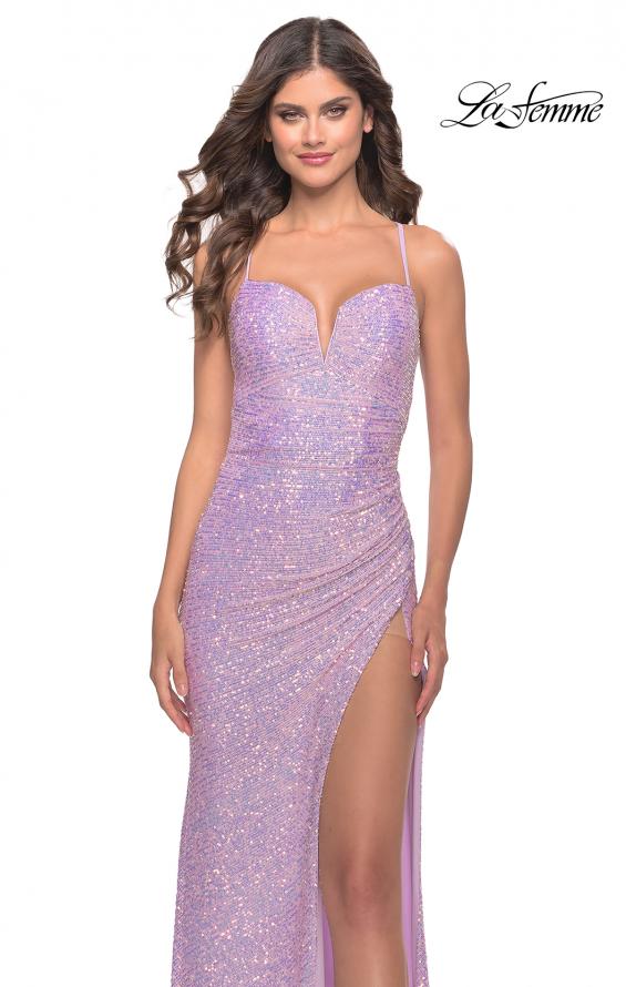 Picture of: Sequin Prom Dress with Ruching and Open Tie Back in Light Periwinkle, Style: 31349, Detail Picture 4