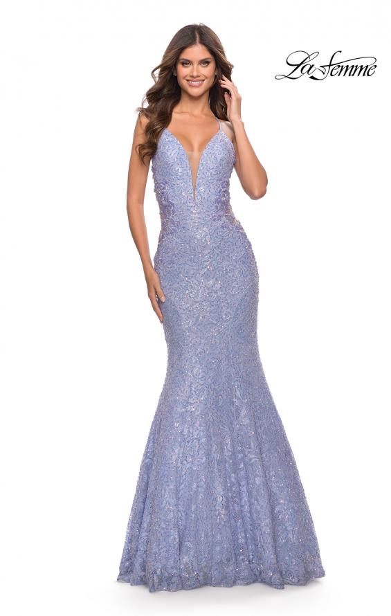 Picture of: Mermaid Beaded Lace Prom Dress with Illusion Sides in Light Periwinkle, Style: 31354, Detail Picture 4