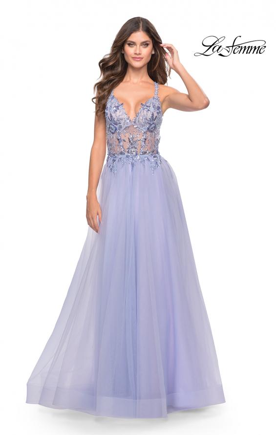 Picture of: Tulle A-Line Gown with Sheer Bodice and Beaded Lace Detail in Light Periwinkle, Style: 31369, Detail Picture 4