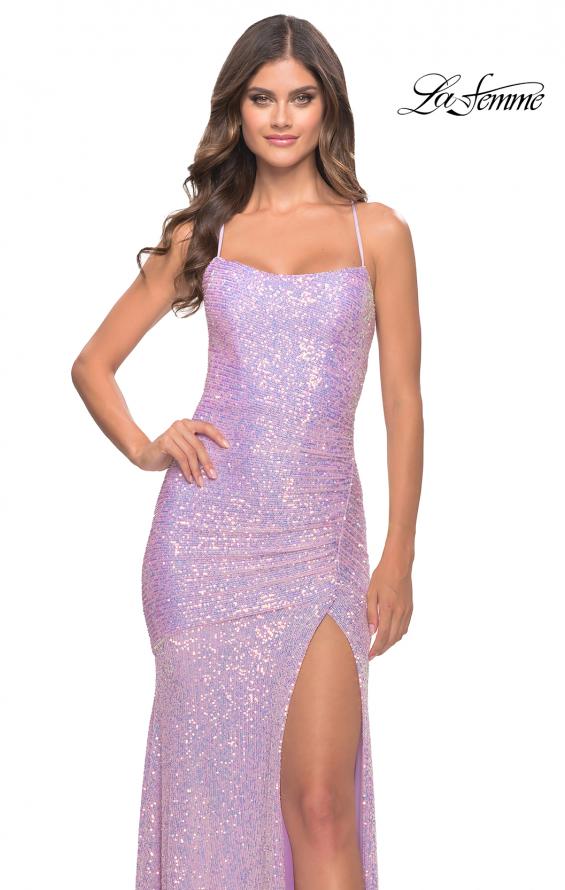 Picture of: Lace Up Back Sequin Gown with Flare Skirt in Bright Colors in Light Periwinkle, Style: 31509, Detail Picture 4