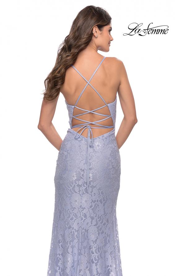 Picture of: Lace Long Dress with Scallop Detail on Skirt Slit in Light Periwinkle, Style: 31510, Detail Picture 4
