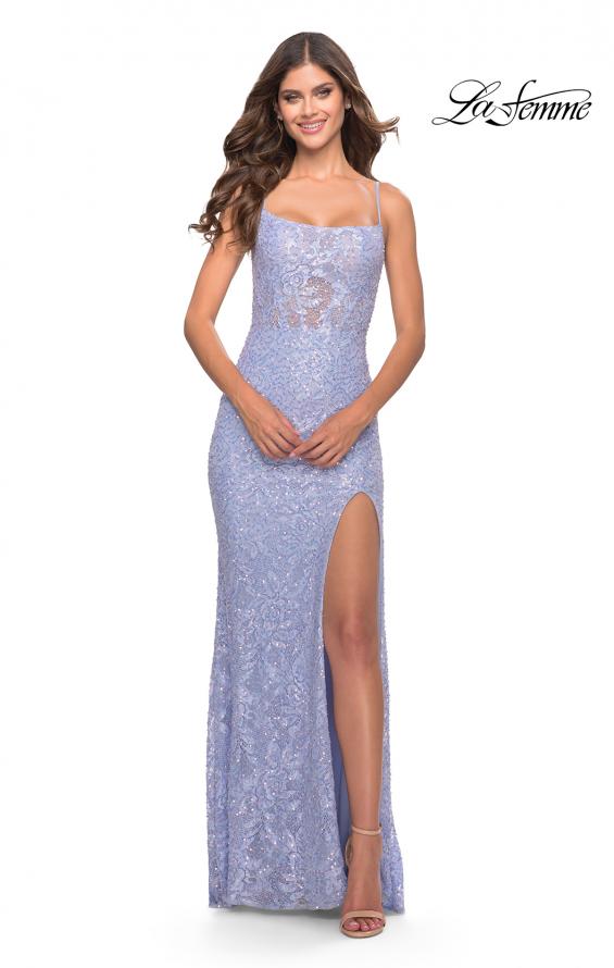 Picture of: Beaded Lace Dress with Illusion Bodice and Square Neckline in Light Periwinkle, Style: 31526, Detail Picture 4