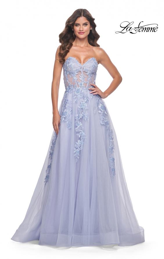 Picture of: Sweetheart Strapless Gown with Beautiful Lace Applique in Light Periwinkle, Style: 32082, Detail Picture 4