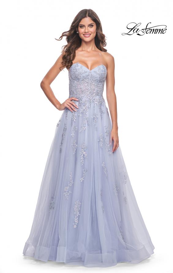 Picture of: Lace Up A-Line Dress with Ruched Bodice and Sweetheart Top in Light Periwinkle, Style: 32084, Detail Picture 4
