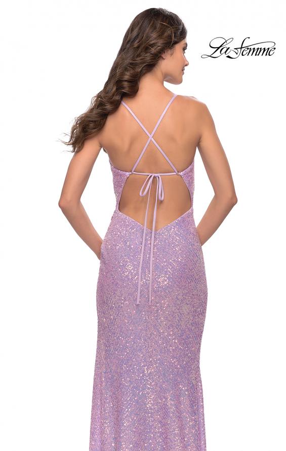 Picture of: Sequin Prom Dress with Ruching and Open Tie Back in Light Periwinkle, Style: 31349, Detail Picture 5