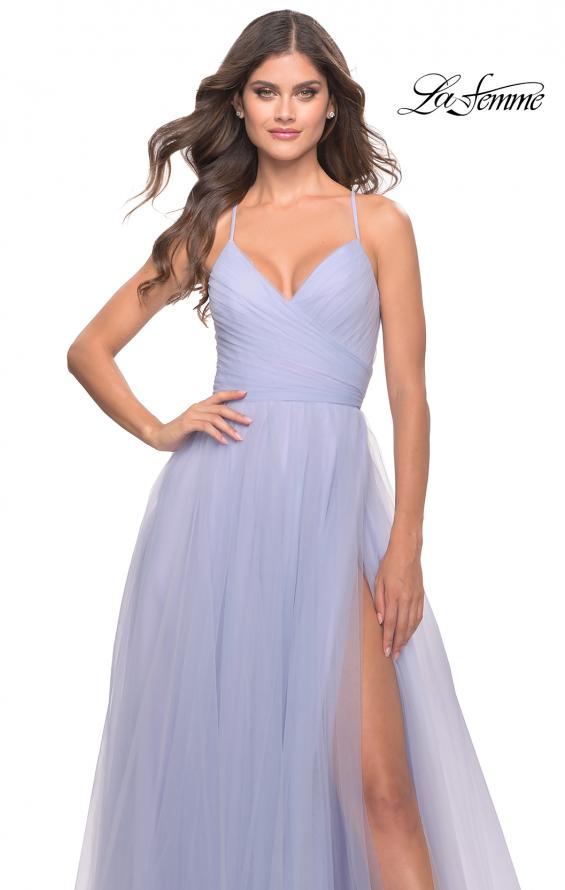 Picture of: Long Tulle A-line Gown with Side Slit and Pockets in Light Periwinkle, Style: 31501, Detail Picture 5