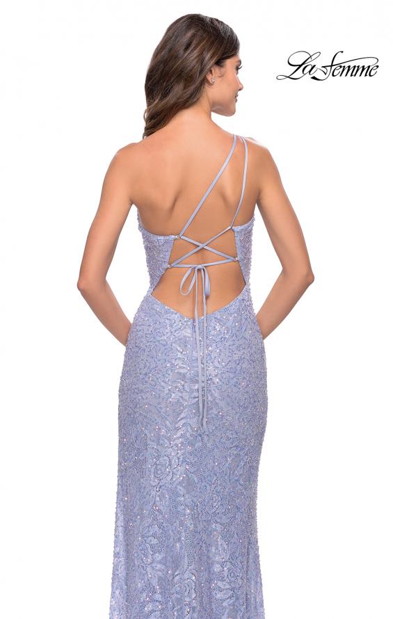 Picture of: Beaded Lace One Shoulder Dress with Unique Lace Up Back in Light Periwinkle, Style: 31515, Detail Picture 5