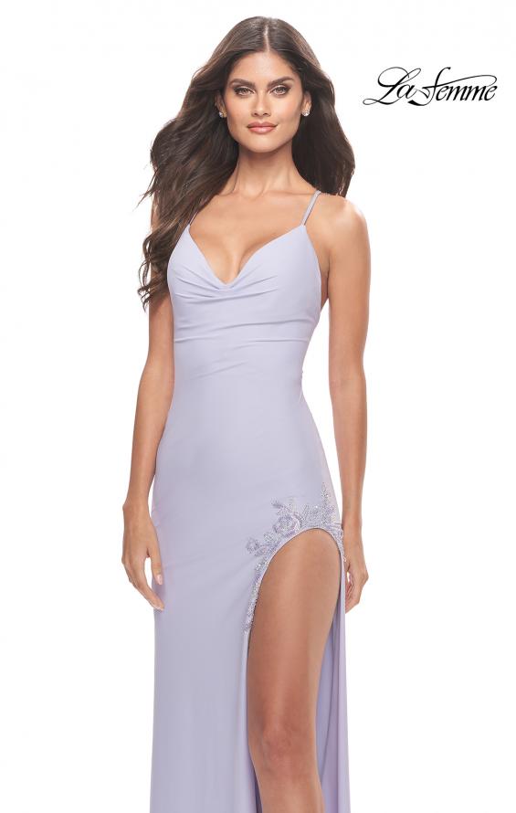 Picture of: Rhinestone Rose Detail Jersey Dress with Draped Neckline in Light Periwinkle, Style: 31574, Detail Picture 5