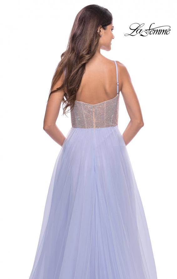 Picture of: Sheer Rhinestone Bodice A-Line Tulle Gown in Light Periwinkle, Style: 31578, Detail Picture 5