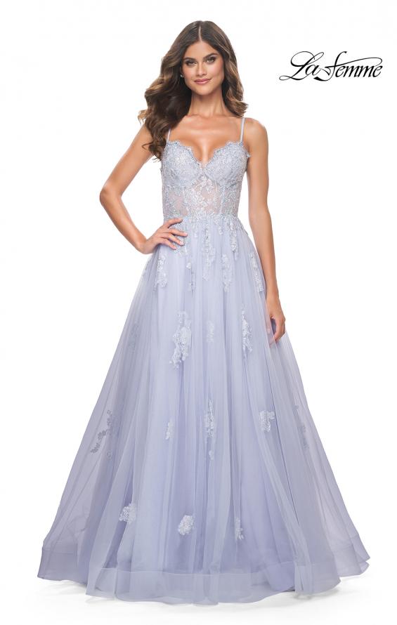 Picture of: A-Line Tulle Gown with Scallop Detail Bodice and Lace Applique in Light Periwinkle, Style: 32028, Detail Picture 5