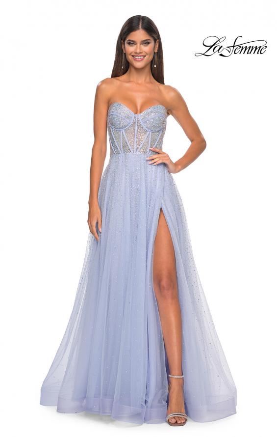 Picture of: Rhinestone Embellished A-line Tulle Gown with Corset Top in Light Periwinkle, Style: 32278, Detail Picture 5