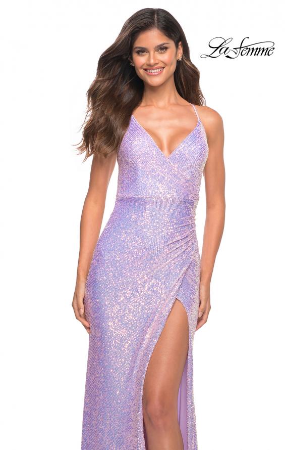 Picture of: Vibrant Wrap Style Sequin Dress with Slit in Light Periwinkle, Detail Picture 6