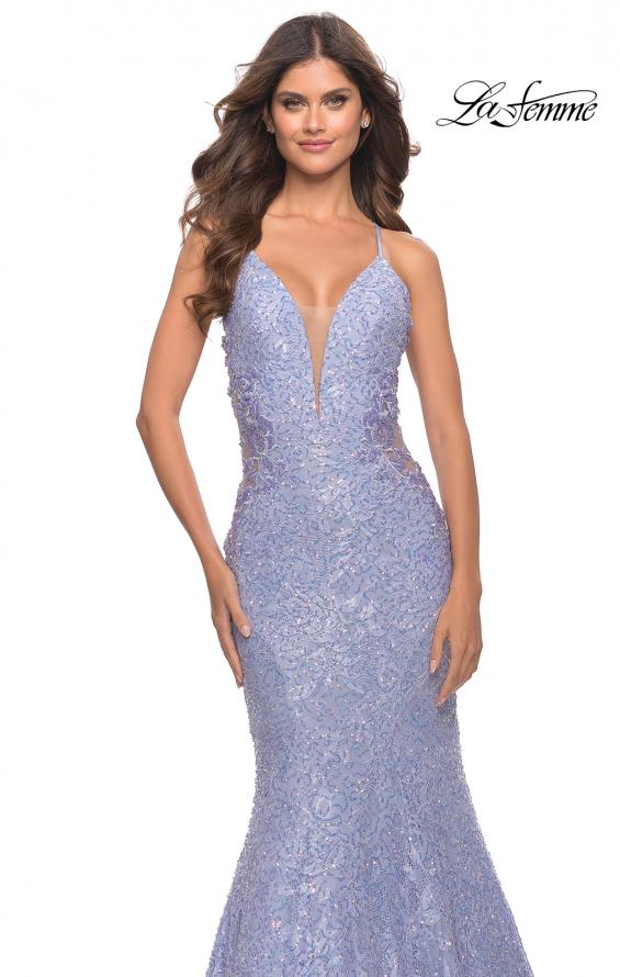 Picture of: Mermaid Beaded Lace Prom Dress with Illusion Sides in Light Periwinkle, Style: 31354, Detail Picture 6