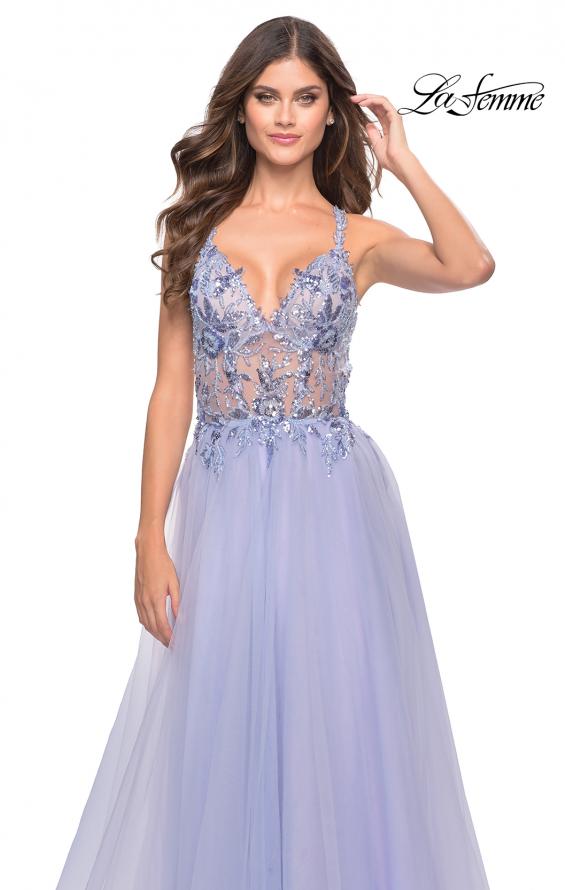 Picture of: Tulle A-Line Gown with Sheer Bodice and Beaded Lace Detail in Light Periwinkle, Style: 31369, Detail Picture 6