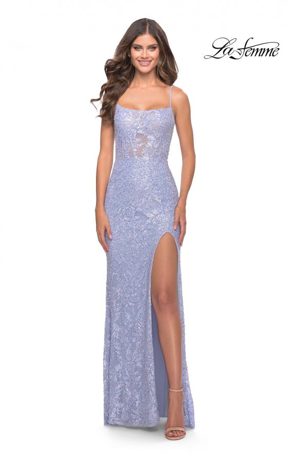 Picture of: Beaded Lace Dress with Illusion Bodice and Square Neckline in Light Periwinkle, Style: 31526, Detail Picture 6