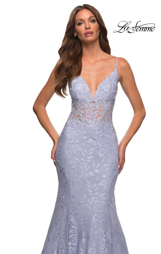 Picture of: Mermaid Lace Prom Dress with Sheer Jeweled Bodice in Light Periwinkle, Detail Picture 7