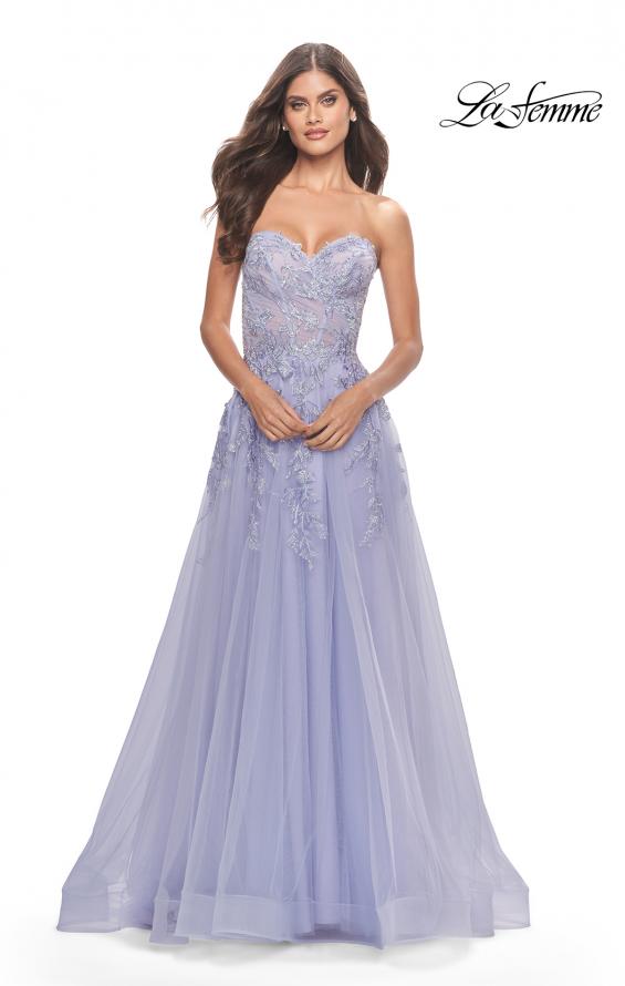 Picture of: Sweetheart Tulle Strapless Gown with Lace Applique in Light Periwinkle, Style: 31363, Detail Picture 7
