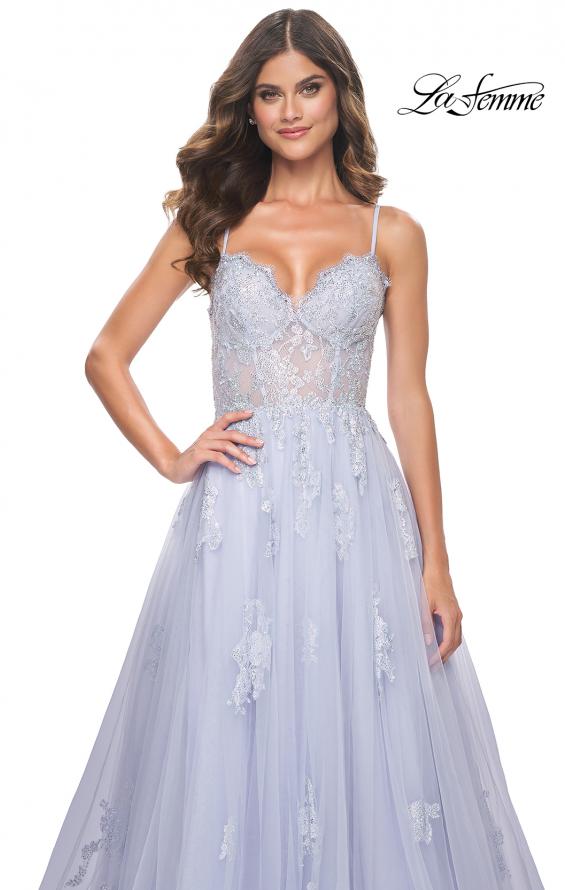 Picture of: A-Line Tulle Gown with Scallop Detail Bodice and Lace Applique in Light Periwinkle, Style: 32028, Detail Picture 7