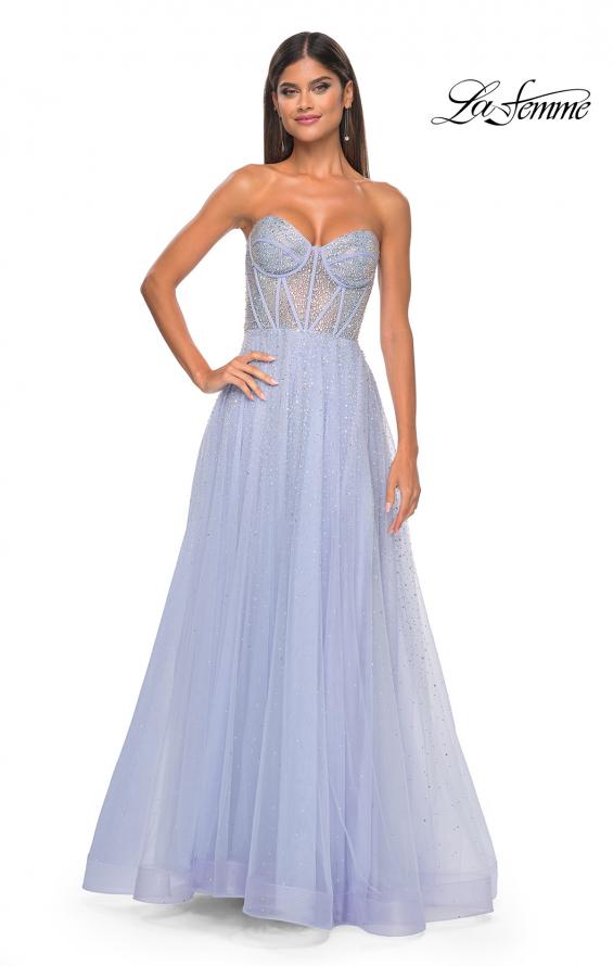 Picture of: Rhinestone Embellished A-line Tulle Gown with Corset Top in Light Periwinkle, Style: 32278, Detail Picture 7