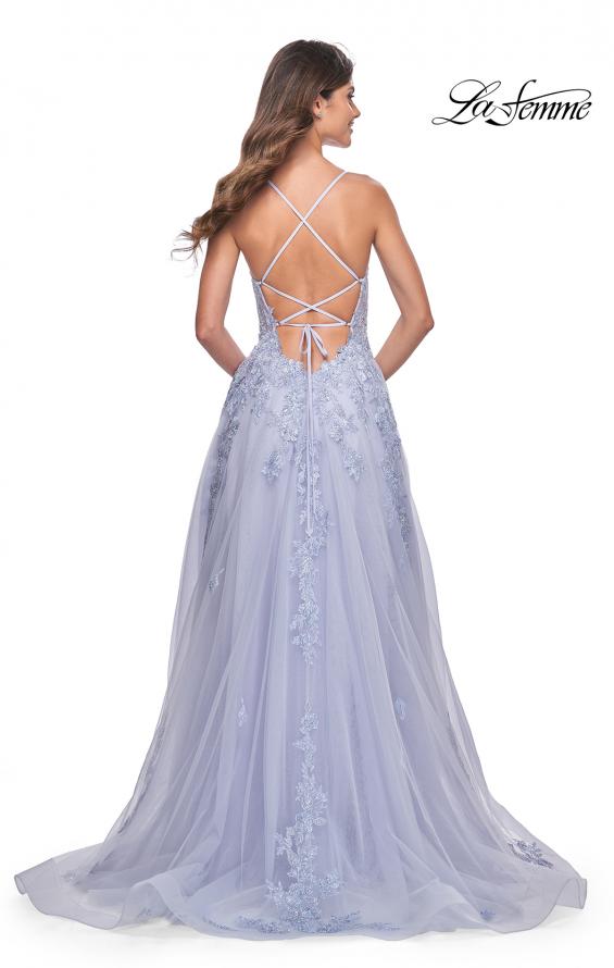Picture of: Beautiful Lace Embellished A-Line Tulle Prom Dress with Deep V in Light Periwinkle, Style: 32062, Detail Picture 14
