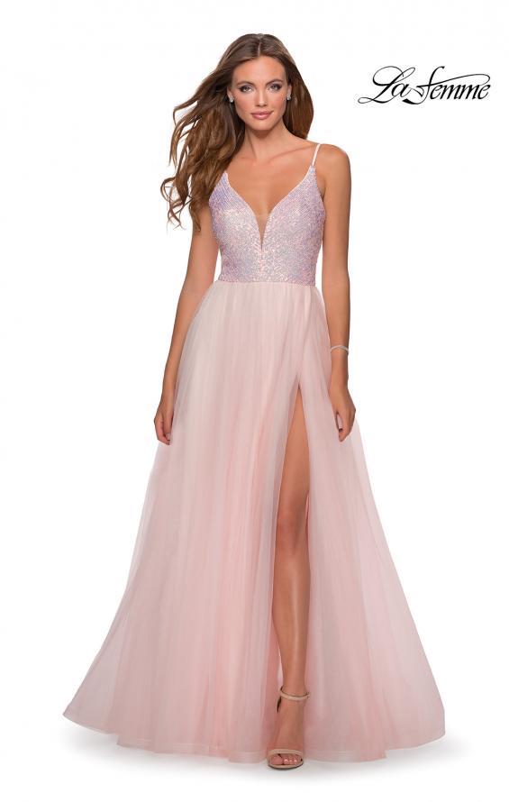 Picture of: Tulle and Sequin A Line Long Dress with Slit in Light Pink, Style: 28464, Main Picture