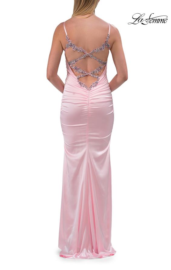Picture of: Fitted Satin Gown with Jeweled Back Straps in Light Pink, Style: 33798, Detail Picture 10