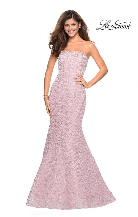 Picture of: Long Mermaid Metallic Lace Strapless Prom Dress in Light Pink, Style: 27267, Detail Picture 1