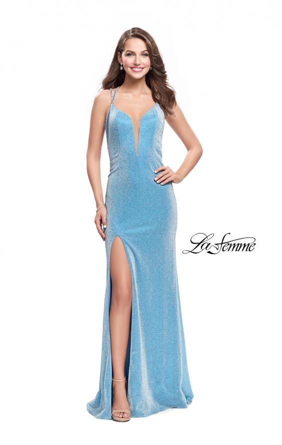 Picture of: Long Sparkling Prom Dress with Beaded Straps and Slit in Light Blue, Style: 25812, Detail Picture 1
