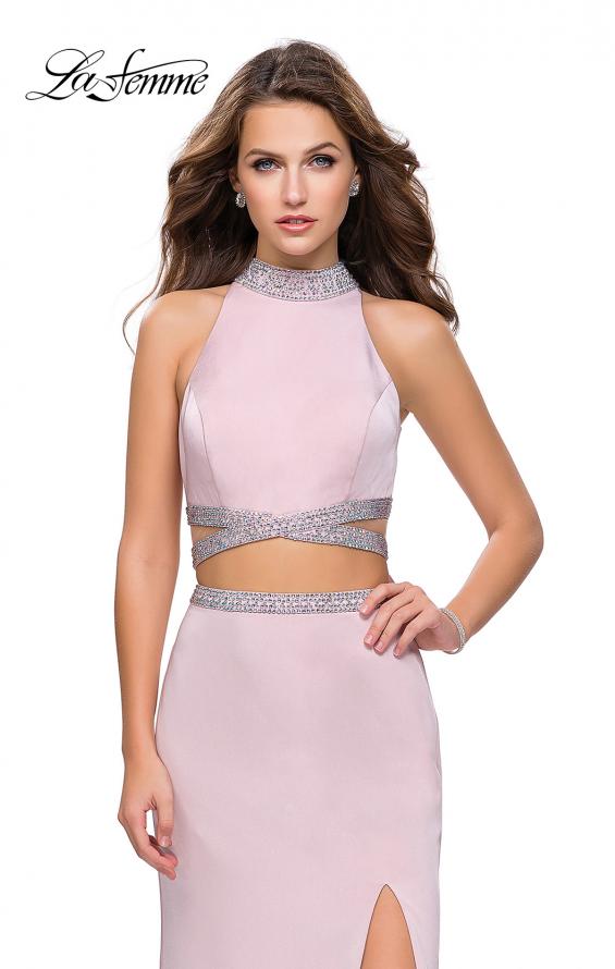 Picture of: Two Piece Prom Gown with Beaded Choker and Leg Slit in Light Blush, Style: 25746, Detail Picture 1