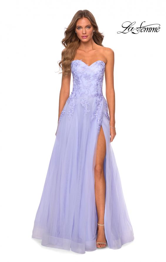 Picture of: Strapless Tulle Dress with Cascading Floral Detail in Lilac Mist, Style: 28599, Detail Picture 7