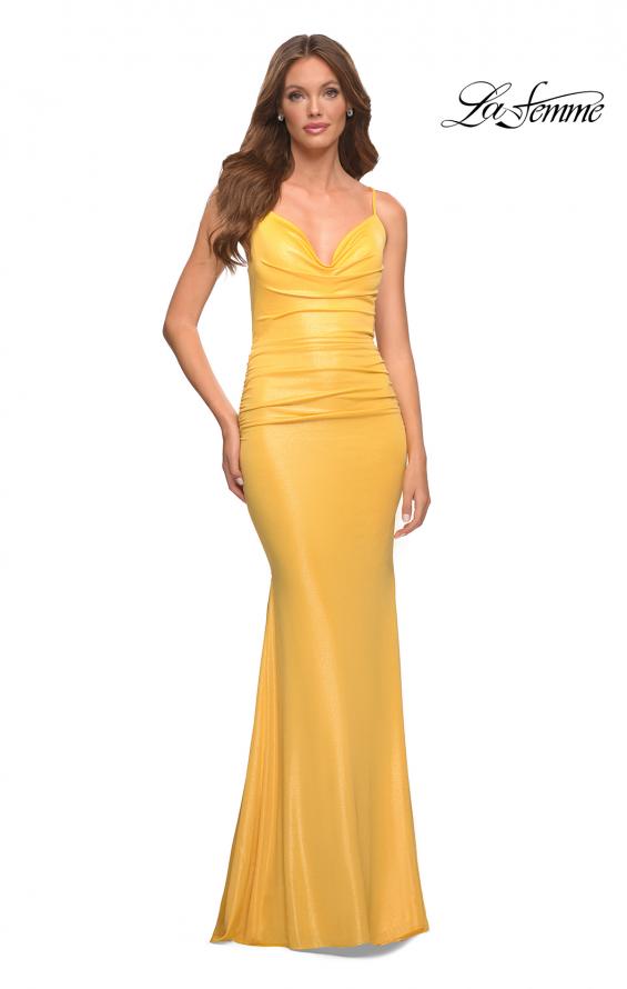 Picture of: Metallic Jersey Long Dress with Draped Neckline and Train in Yellow, Style: 30633, Detail Picture 3