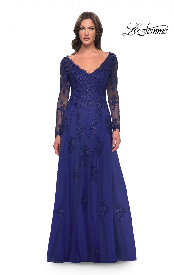 Picture of: Long Sleeve Lace and Tulle Dress with V Neckline in Marine Blue, Style: 30795, Main Picture