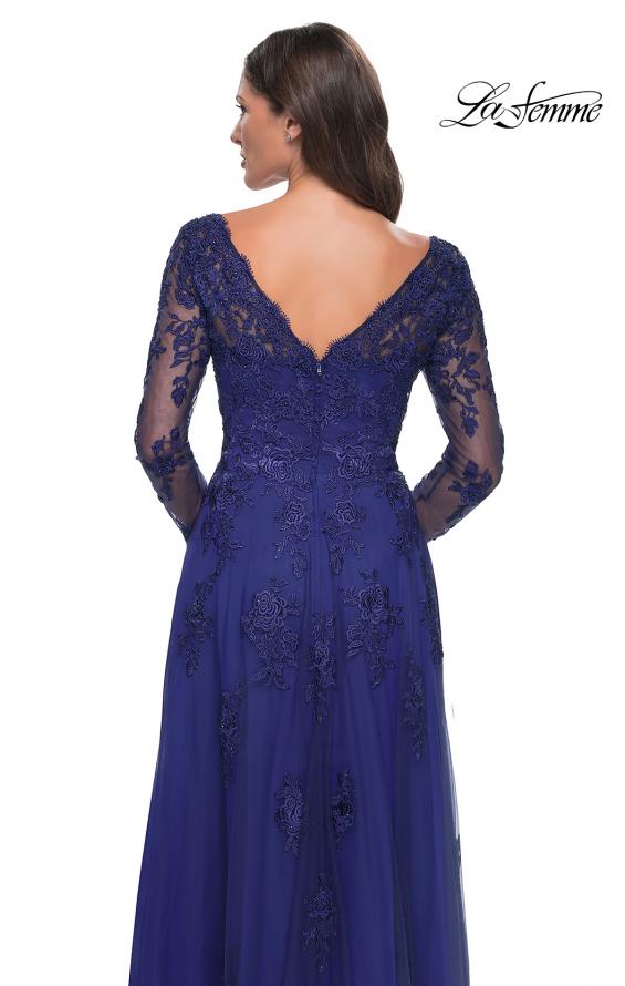Picture of: Long Sleeve Lace and Tulle Dress with V Neckline in Marine Blue, Style: 30795, Detail Picture 8
