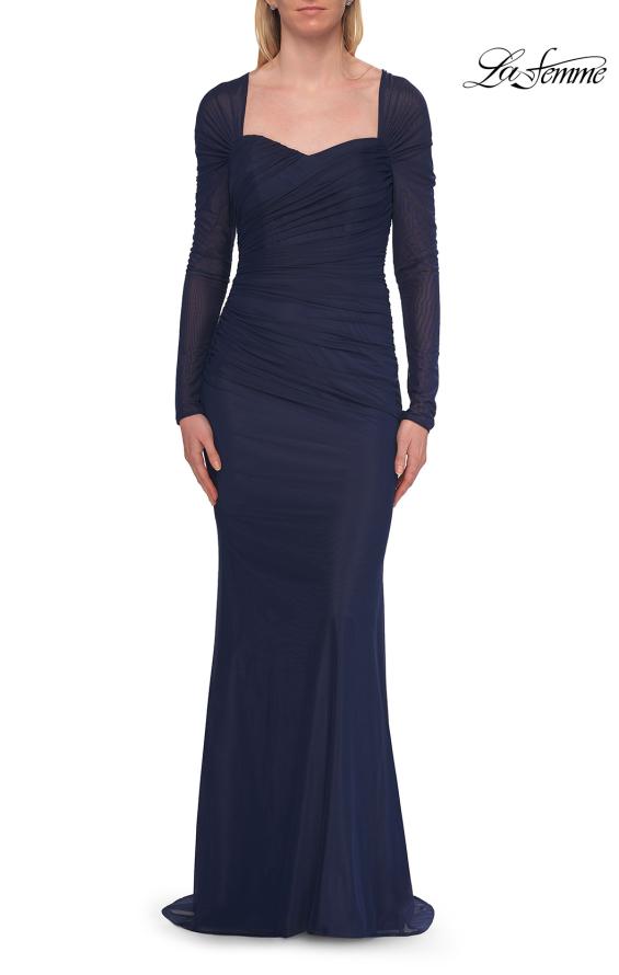 Blue Picture of: Long Sleeve Net Jersey Gown with Sweetheart Neckline in Marine Blue, Style: 33575, Detail Picture 8