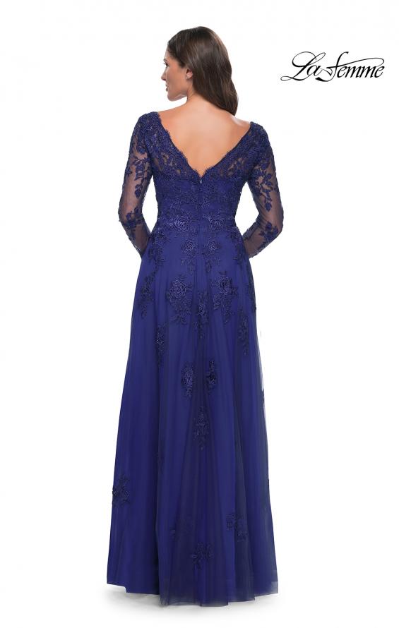 Picture of: Long Sleeve Lace and Tulle Dress with V Neckline in Marine Blue, Style: 30795, Back Picture